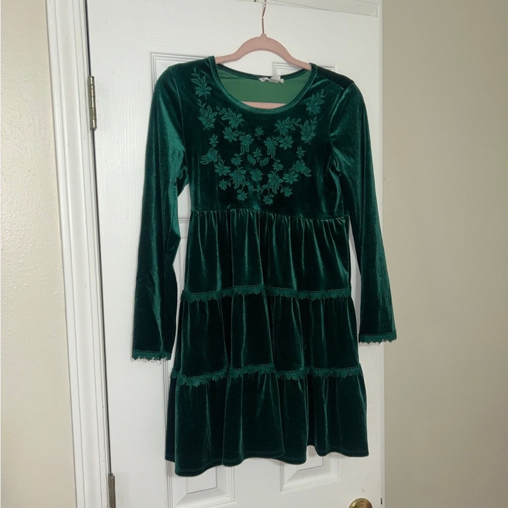 Green Velvet ruffled layer Kids Dress